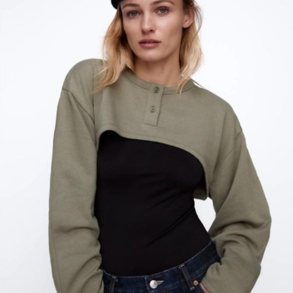 NEW Zara arm warmer henley cropped sweatshirt XS-S - Picture 1 of 6